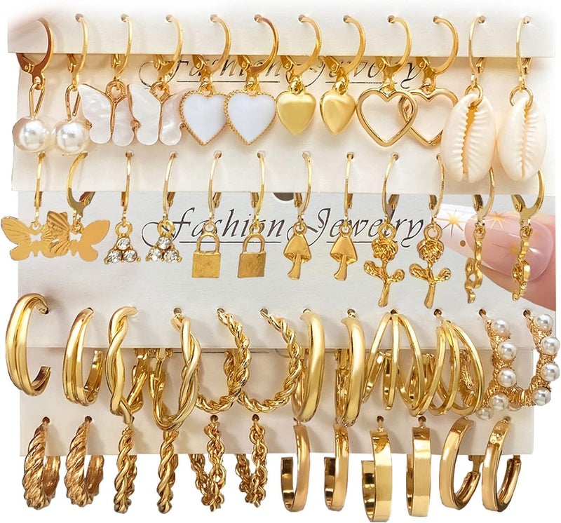 IFKM 24 Pairs Gold Hoop Earrings Set for Women Hypoallergenic Chunky Chain Twisted Open Hoops Dangle Earring Packs for Birthday Party Christmas Fashion Jewelry Gift - Image 1